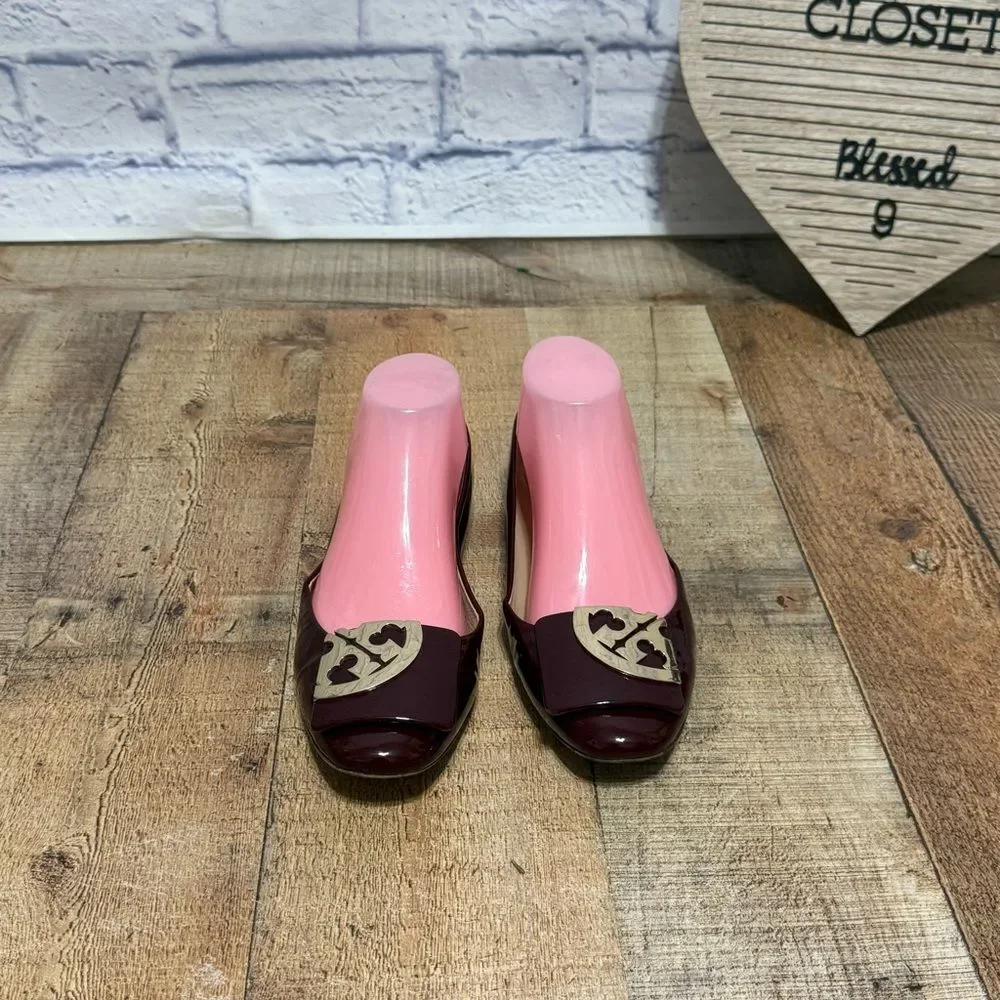 Tory Burch Size 8.5 Square toe Logo Oxblood Soft Patent Leather Flats